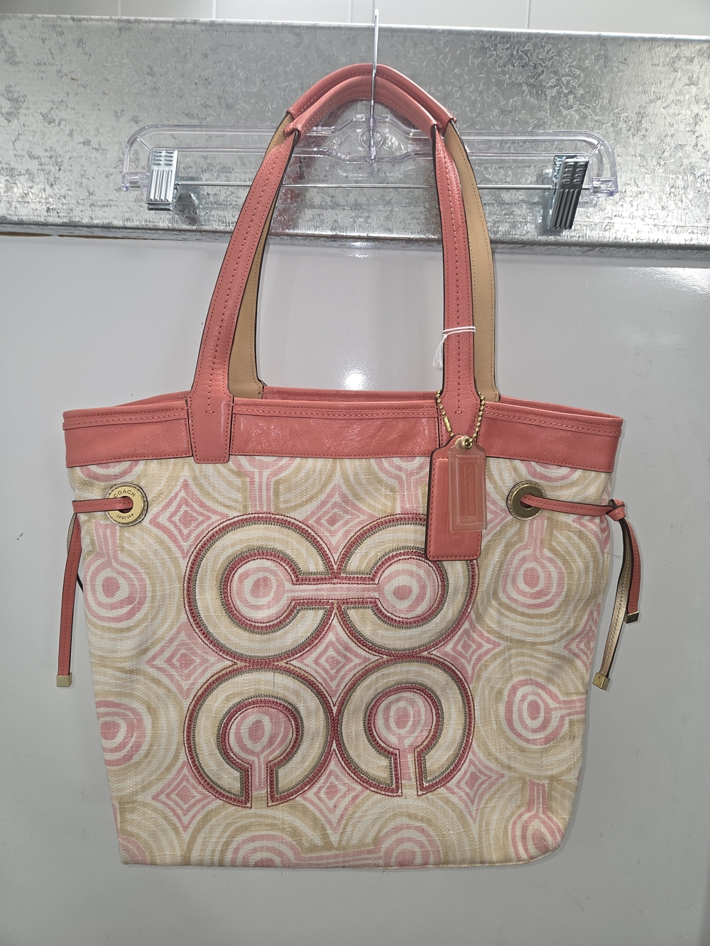 Coach Coral Pink & Beige Patterned Canvas Tote